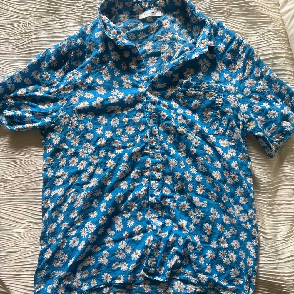 Blue Floral Casual Button Down Shirt